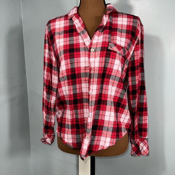 Victoria’s Secret, Button Up Plaid Flannel Top, Red Black White, Women’s Small - Picture 2 of 6